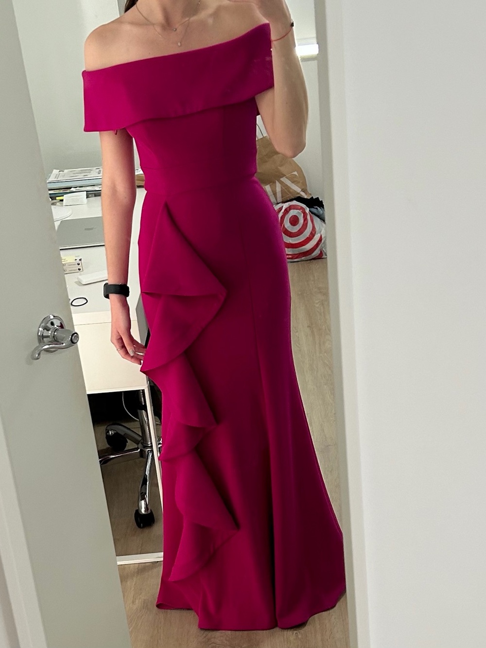 Aqua Off-Shoulder Ruffle Column Dress in Fuchsia Magenta